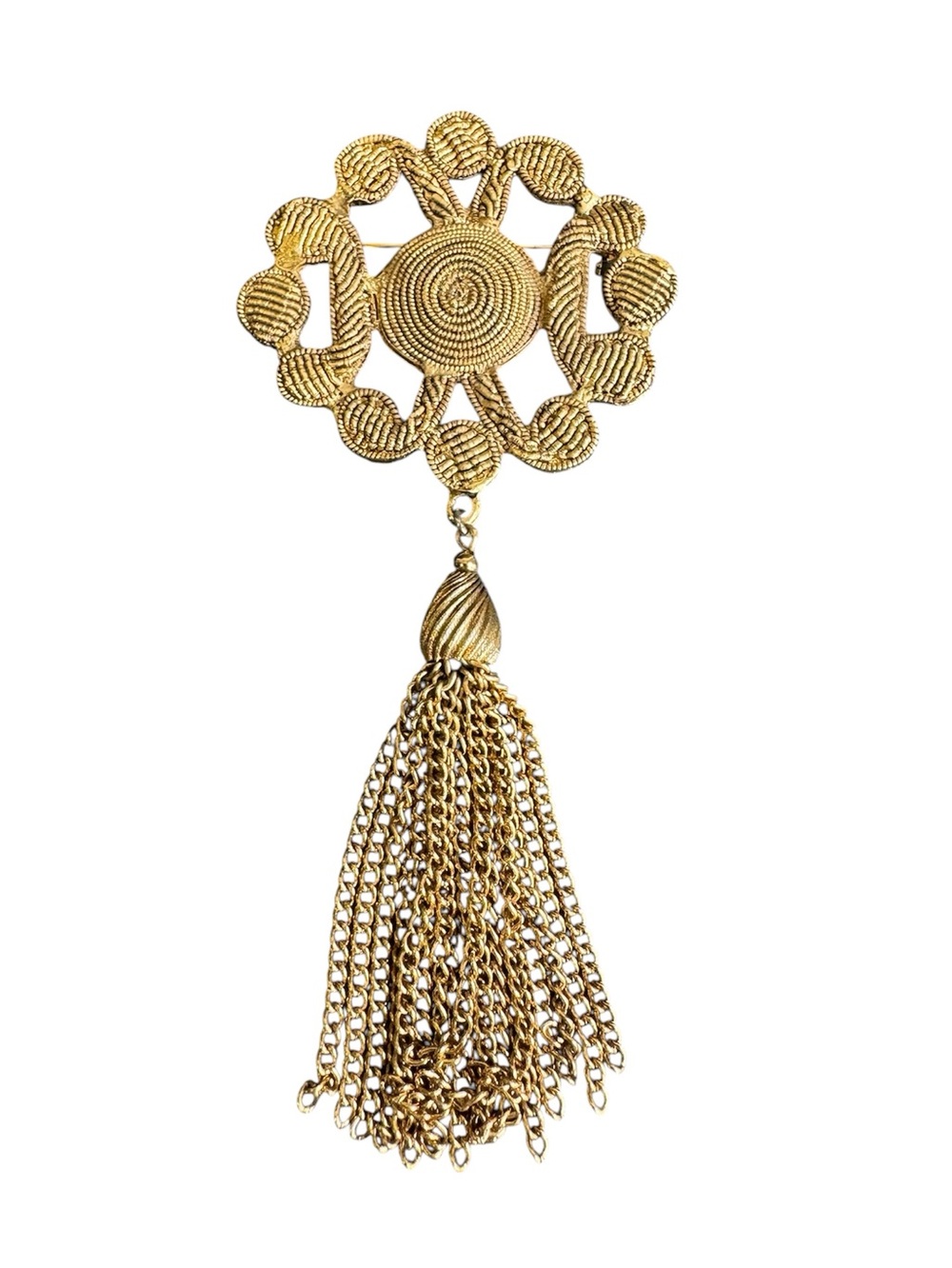 Gold Tassel Brooch XL Statement Pin Vintage Ornate Filigree Etruscan Revival